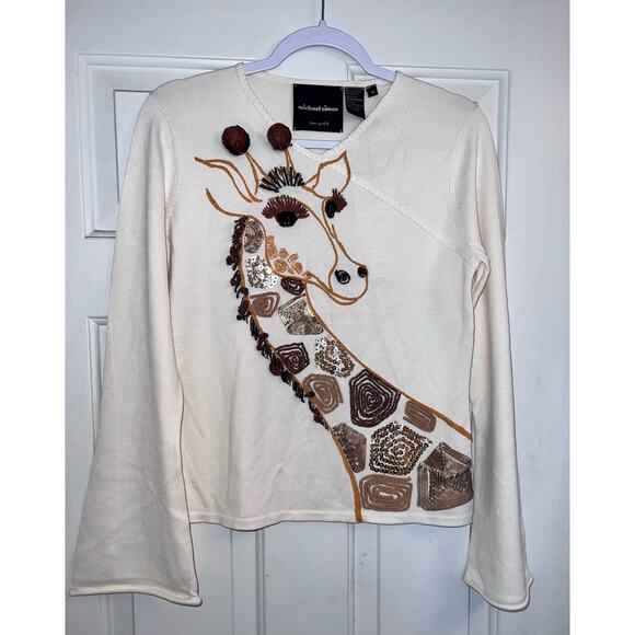 Michael Simon Vintage Giraffe Beaded Spun Silk Blend Sweater - Size Medium -OG - Picture 1 of 11